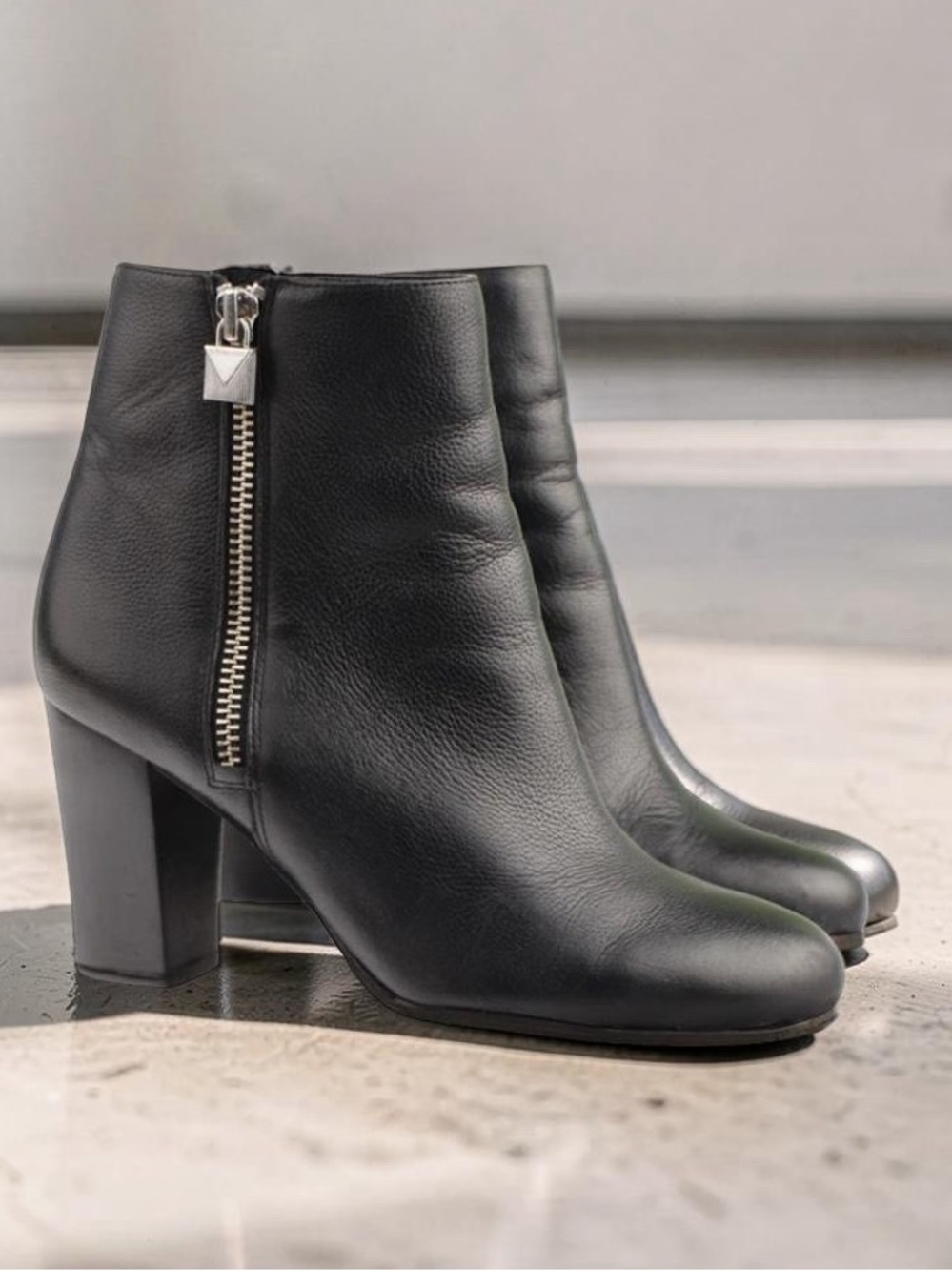 Michael Kors Margaret Black Leather Booties  Silver MK Lock on Zipper 8.5